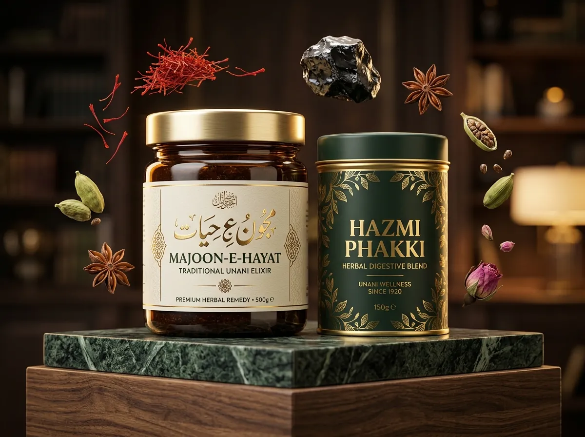Jars of Majoon Zafran & Salajeet and Phakki Hazim with saffron threads and shilajit